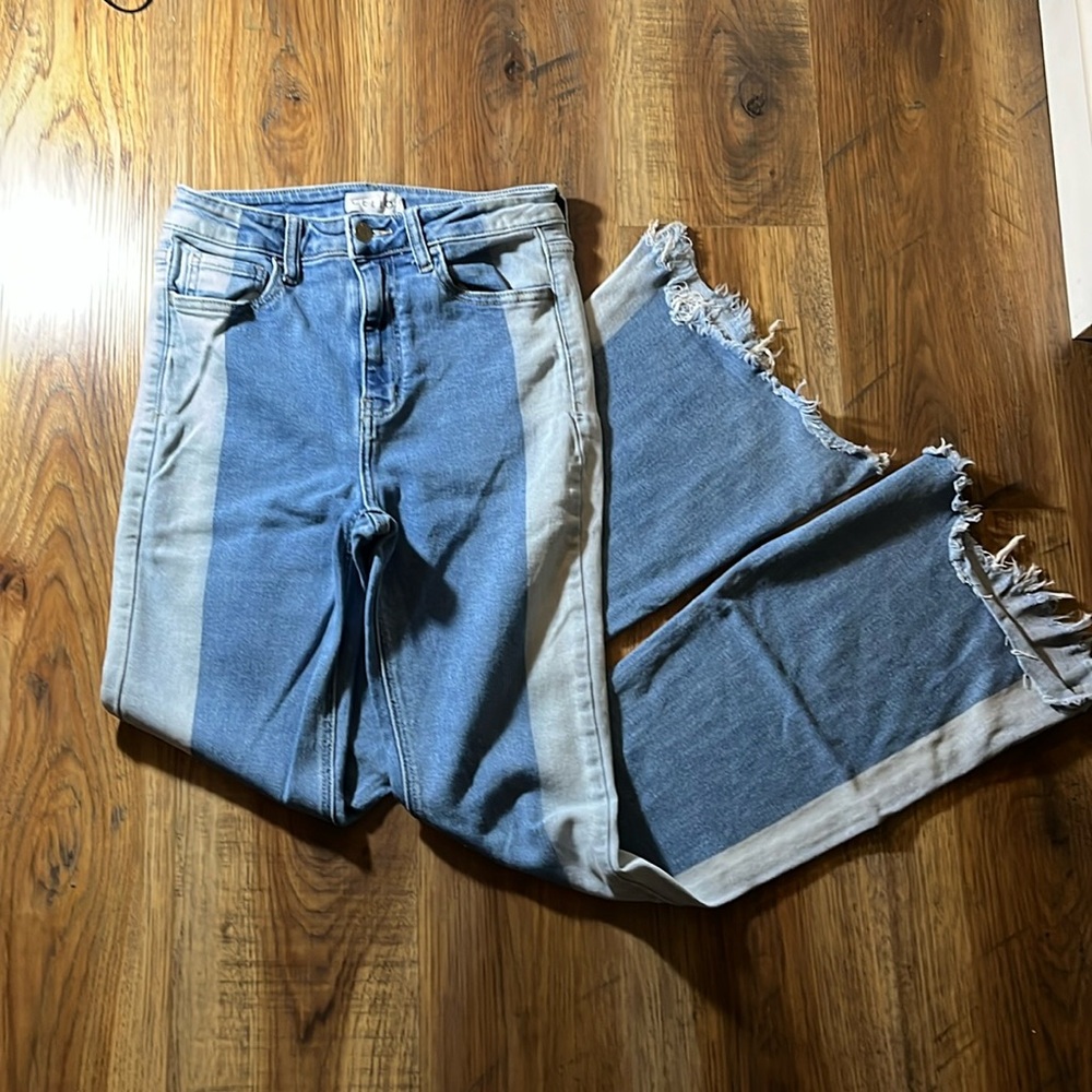 blue and white bellbottoms
